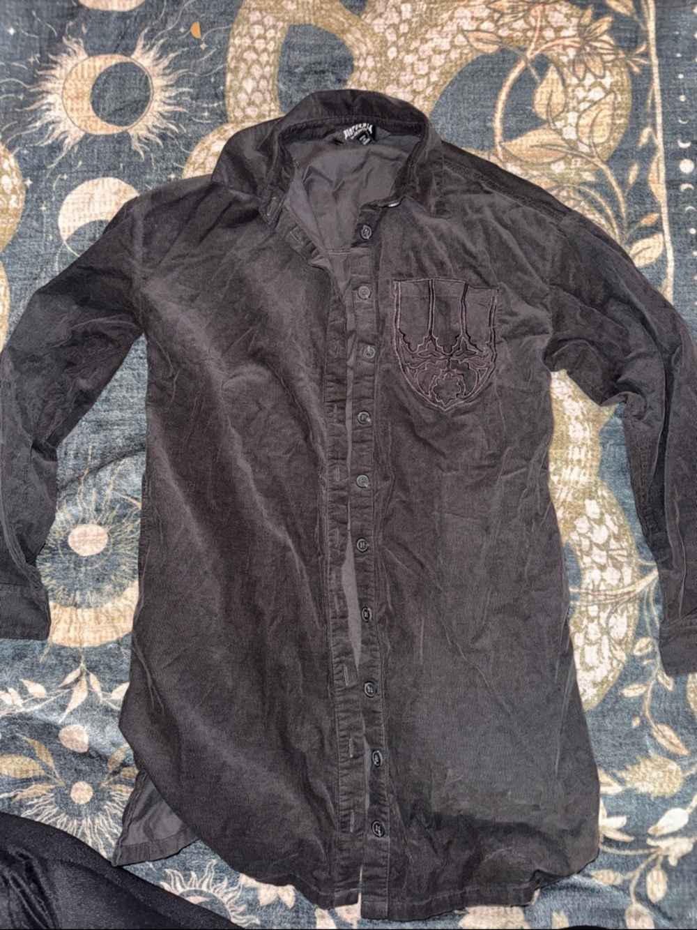 Disturbia Black Long-Sleeve Button Down Shirt with Embroidered Pocket